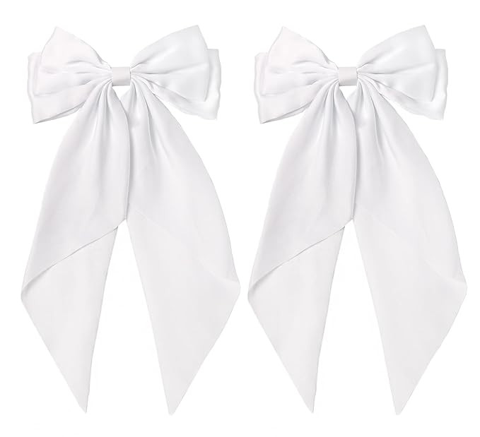 White Hair Bow for Women - 2pcs Big White Bow for Hair,Large Satin Hair Bows for Girls Long Tail ... | Amazon (US)