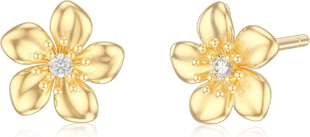 14k Gold Flower Stud Earrings for Women With Push Backs, Yellow Gold Blossom Flower Moissanite Ea... | Amazon (US)