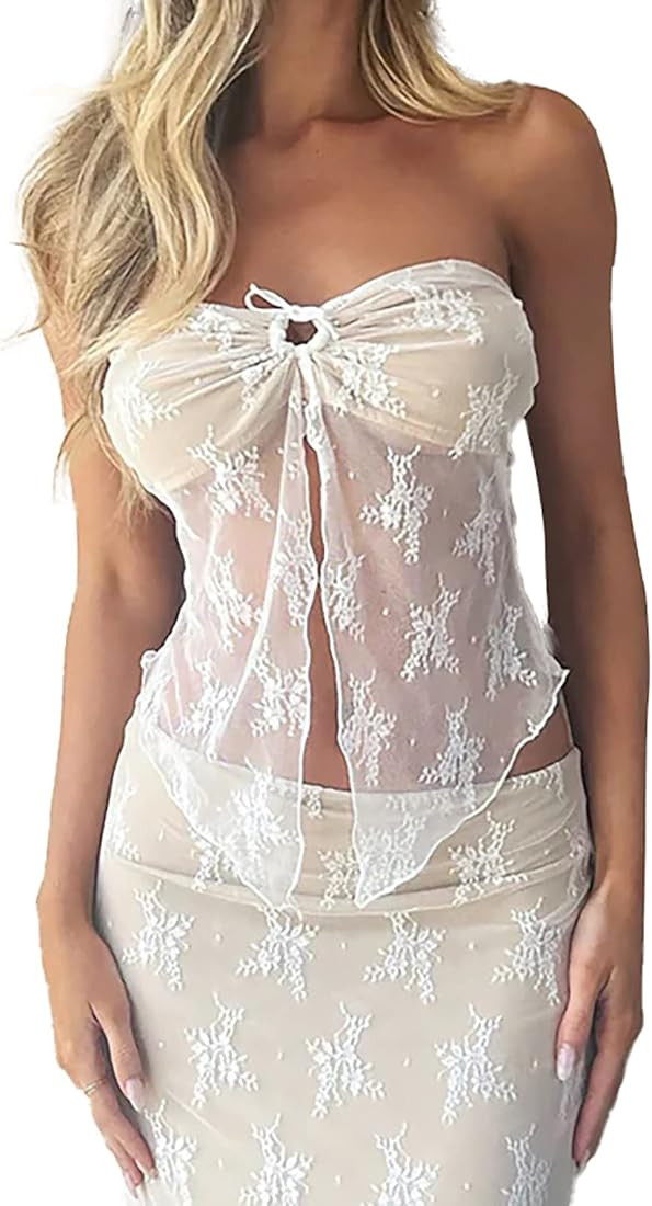 Women 2 Piece Lace Skirt Set Summer Y2K Lace Up Back Tank Tops Tie Up High Waist Long Skirt Croch... | Amazon (CA)