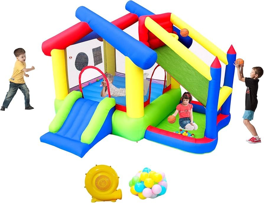 WELLFUNTIME Inflatable Bounce House with Slide, Jumping Castle with Blower and Ball Pool, Basketb... | Amazon (US)