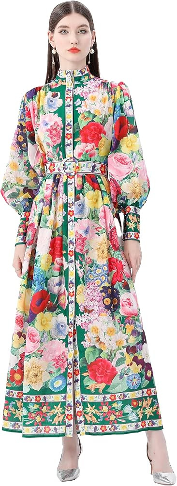 LAI MENG FIVE CATS Women's Puff Sleeves High Collar Floral Printed Buttons Front Slits Flowy Maxi... | Amazon (US)