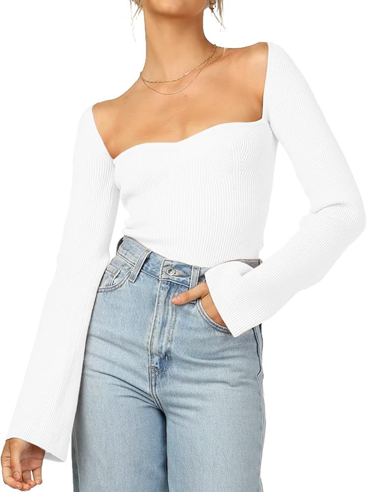 Womens Sweater Tops Sweetheart Neck Ribbed Bustier Corset Knit Long Sleeve Pullover Sweater Top | Amazon (US)