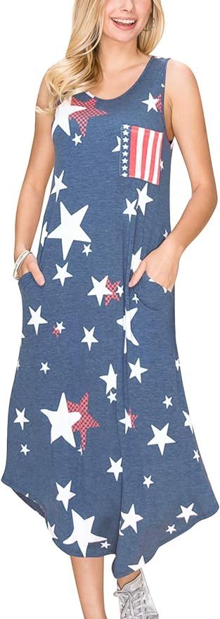 For G and PL Women July 4th American Flag Sleeveless Tank Dress with Pockets | Amazon (US)