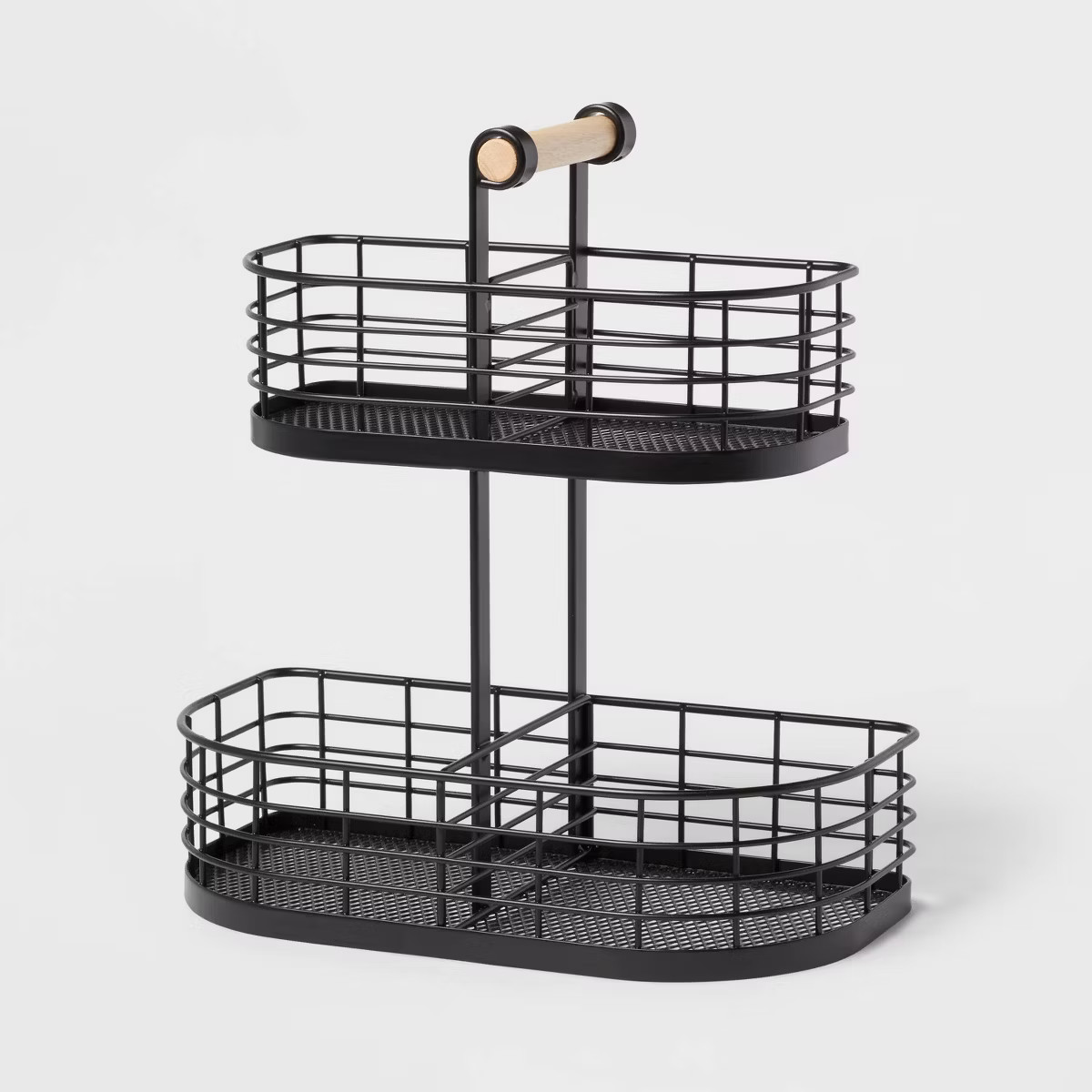 2 Tier Divided Wire Basket with Wood Handle Black - Brightroom™: Iron Storage & Organization, D... | Target