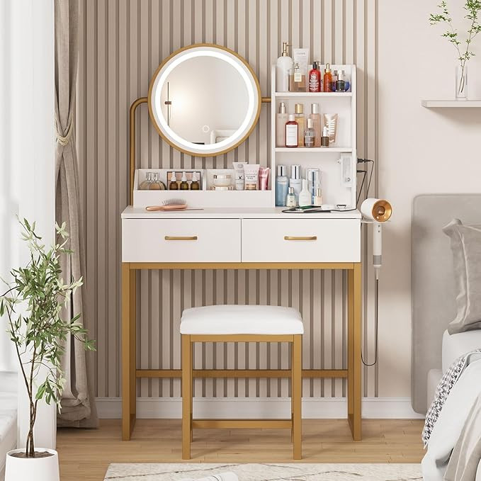 Vabches Makeup Vanity with Round Mirror and Lights, White Vanity Makeup Table with Charging Stati... | Amazon (US)