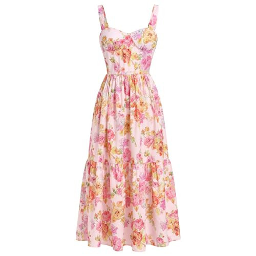 OBEEII Womens Summer Dress Boho Floral Corset Dress Spaghetti Straps Bustier Midi Dress Tiered Flowy Pocket Sundress Dress with Chest Pads Tea Party Wedding Guest Dress Orange Floral M | Amazon (US)