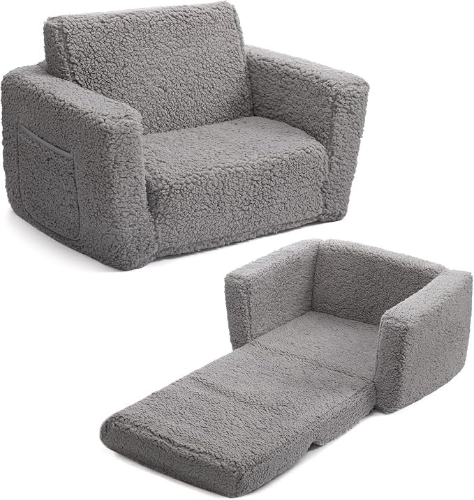 ALIMORDEN 2-in-1 Flip Out Cuddly Sherpa Toddler Couch, Convertible Sofa to Lounger, Grey | Amazon (US)