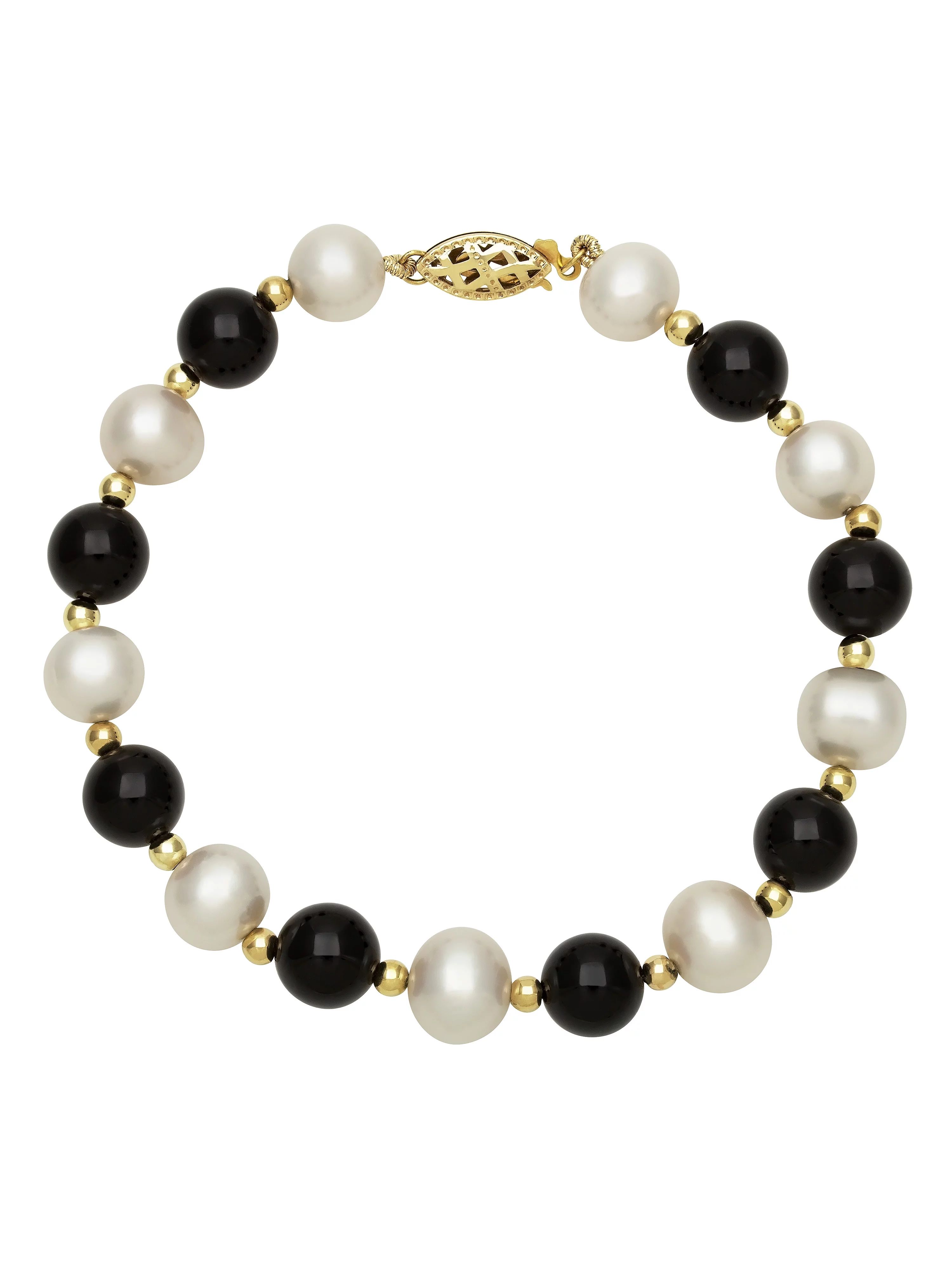 Cultured White Freshwater Pearl and Black Onyx 14K Yellow Gold Bracelet, 7.5" | Walmart (US)