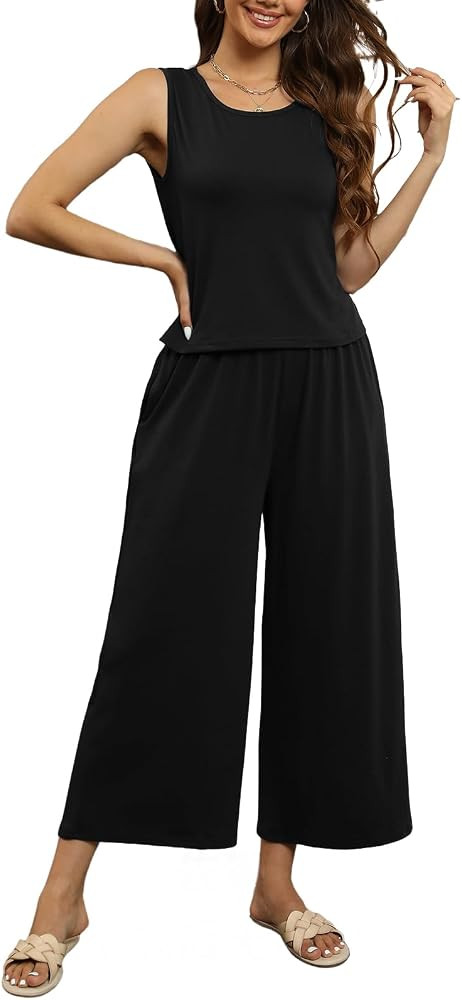 Nfsion Women's Summer 2 Piece Outfits Sleeveless Tank Top Wide Leg Long Pants Casual Set with Poc... | Amazon (US)