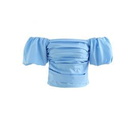 Puff Sleeve Off-Shoulder Cotton Crop Top in Blue | Chicwish