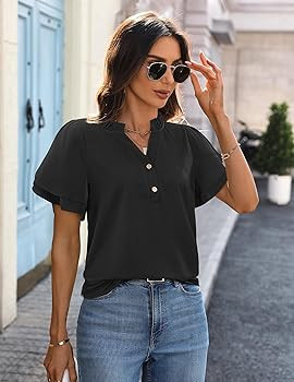 LOOKBOHO Womens Tops Dressy Casual Trendy Business Work Blouses Short Sleeve Ruffled V-Neck Tshir... | Amazon (US)