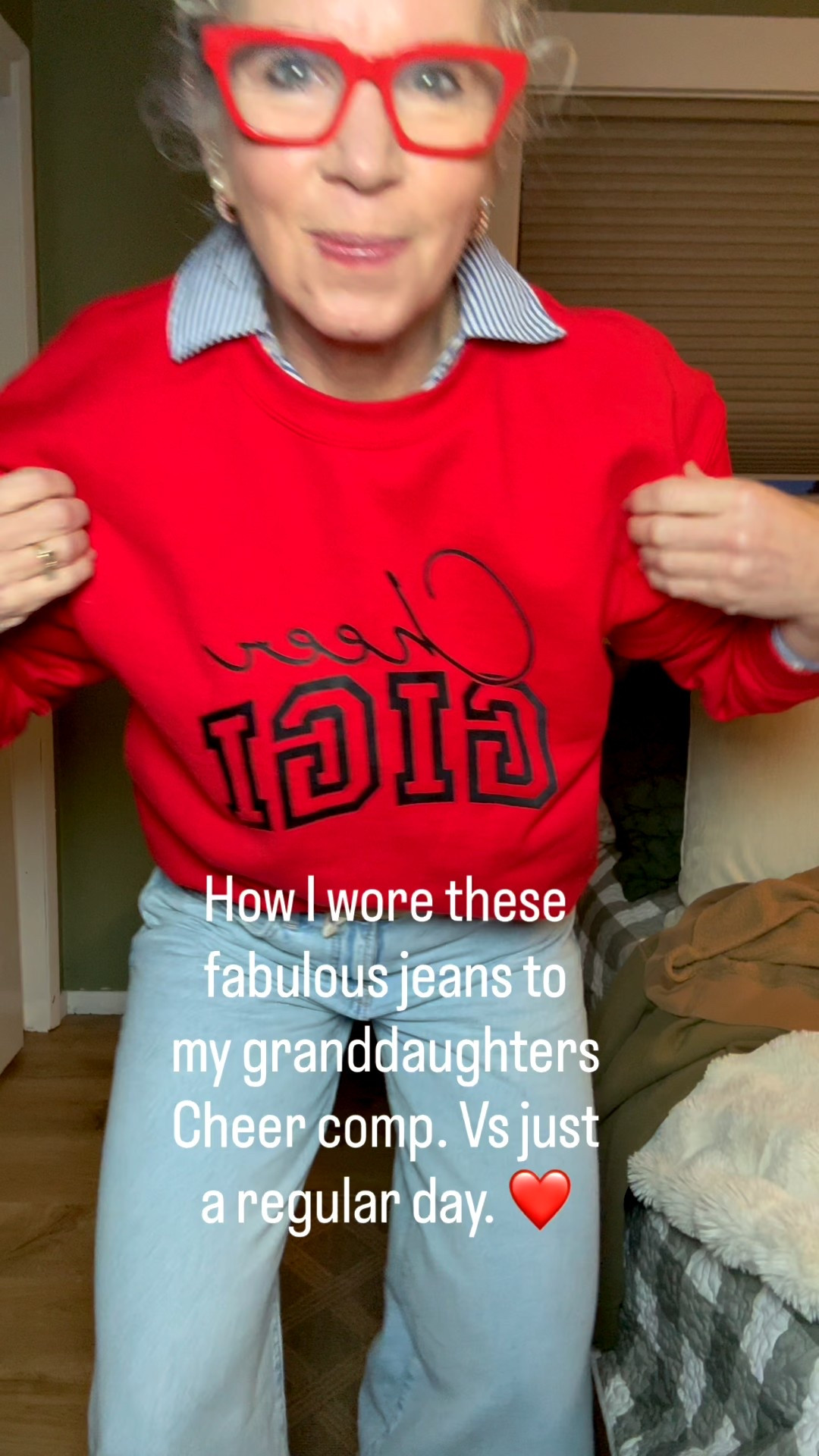 What I wore to my granddaughters cheer competition, or switch out the sweatshirt for a cardigan for an everyday style.
These pants are so fabulous I really love the extra wide leg for a bit of fun. ❤️
