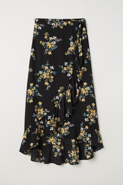 Langer Wickelrock - Schwarz/Geblümt -  | H&M DE | H&M (DE, AT, CH, NL, FI)