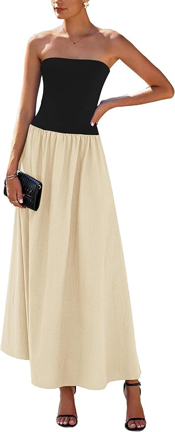PRETTYGARDEN Women's 2025 Spring Strapless Maxi Dresses Patchwork Long Flowy Pockets Elegant Goin... | Amazon (US)