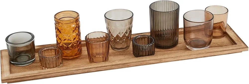 Creative Co-Op Wood Tray with 9 Brown Glass Votive Holders (Set of 10 Pieces) | Amazon (US)