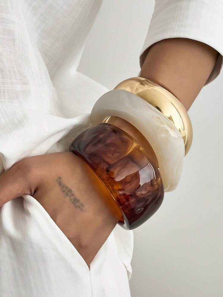 3pcs Exaggerated Asymmetrical Resin Semi-Transparent Bracelet Set For Women, Versatile | SHEIN