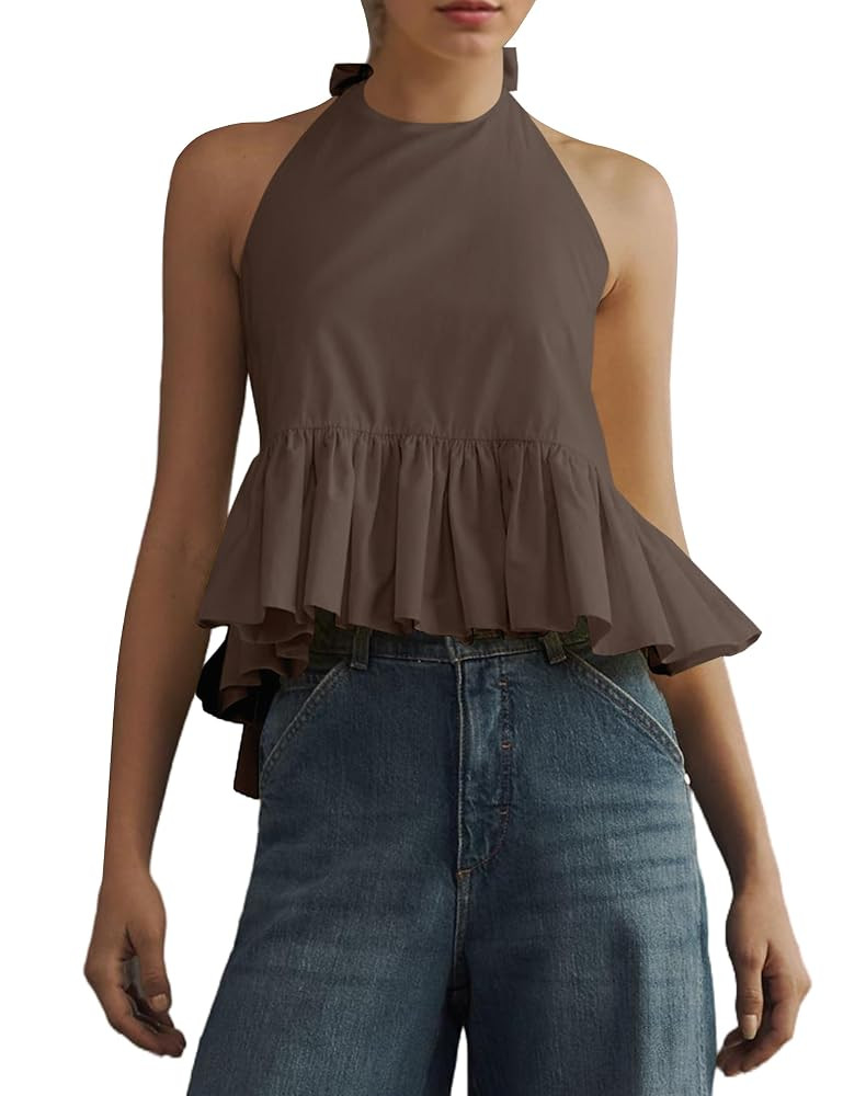 OLAPTA Women Halter Neck Backless Tank Tops Peplum Ruffle Hem Sleeveless Sexy Summer Open Back Va... | Amazon (US)