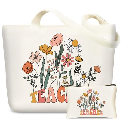 DHQH Best Teacher Gifts for Women, Christmas Birthday Thank you Gifts with Teacher Tote Bag Makeup Bag, Teacher Appreciation Gift Reusable Grocery Bags | Amazon (US)