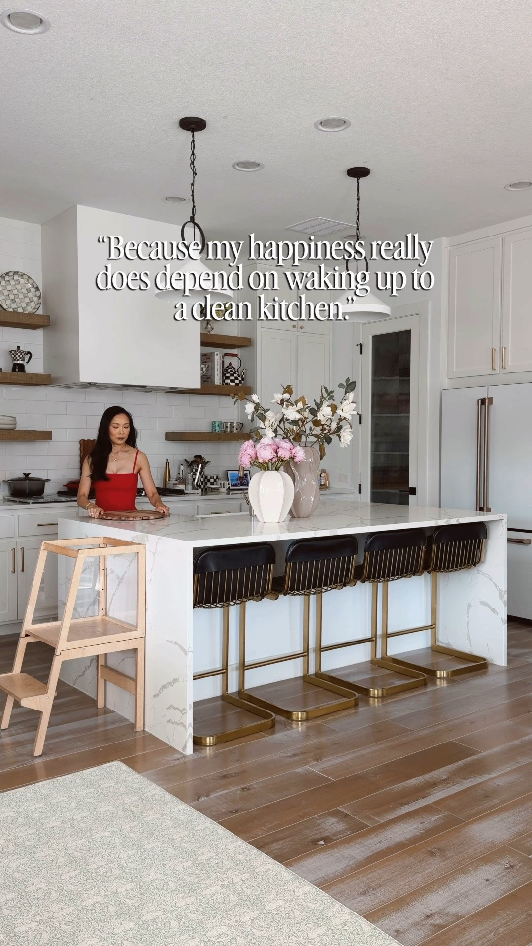 Transitional kitchen that works for us with a baby and a toddler! Love the leather counter stools that are so easy to wipe down. The toddler tower is a must so our toddler can get in on the action and join us. It also turns into a table with built in seating. We love our pendant lights, brass faucet, cafe appliances and brass hardware. These new vases are my go to and really elevate a space.

#LTKHome #LTKdayinmylife