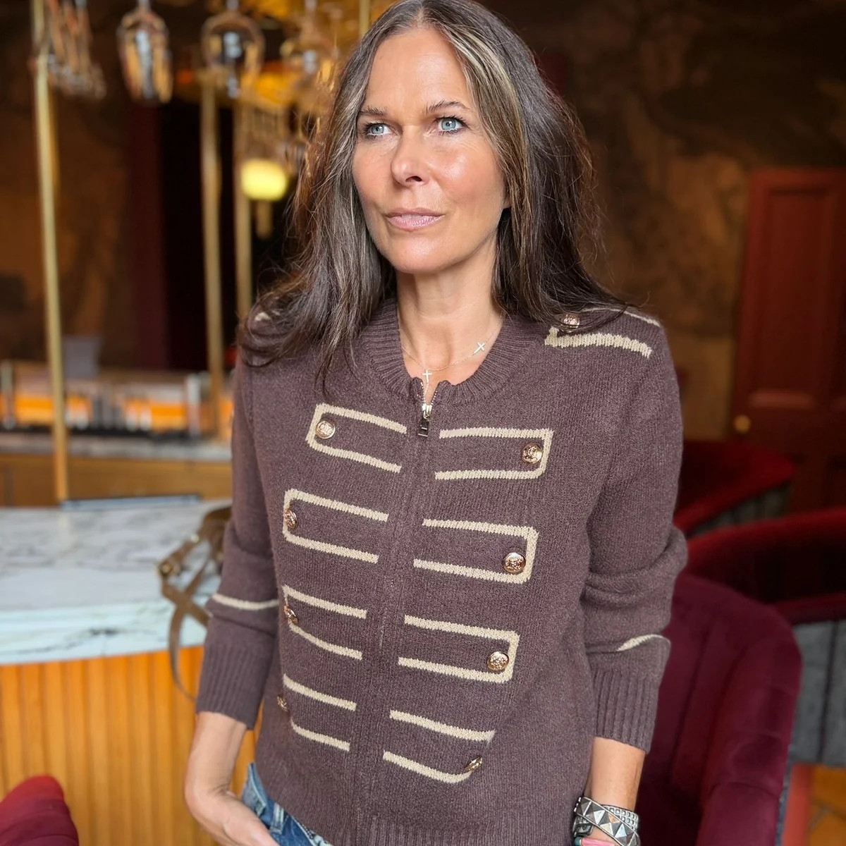 Hazel Military Knitted Jacket - Brown | Law and Co
