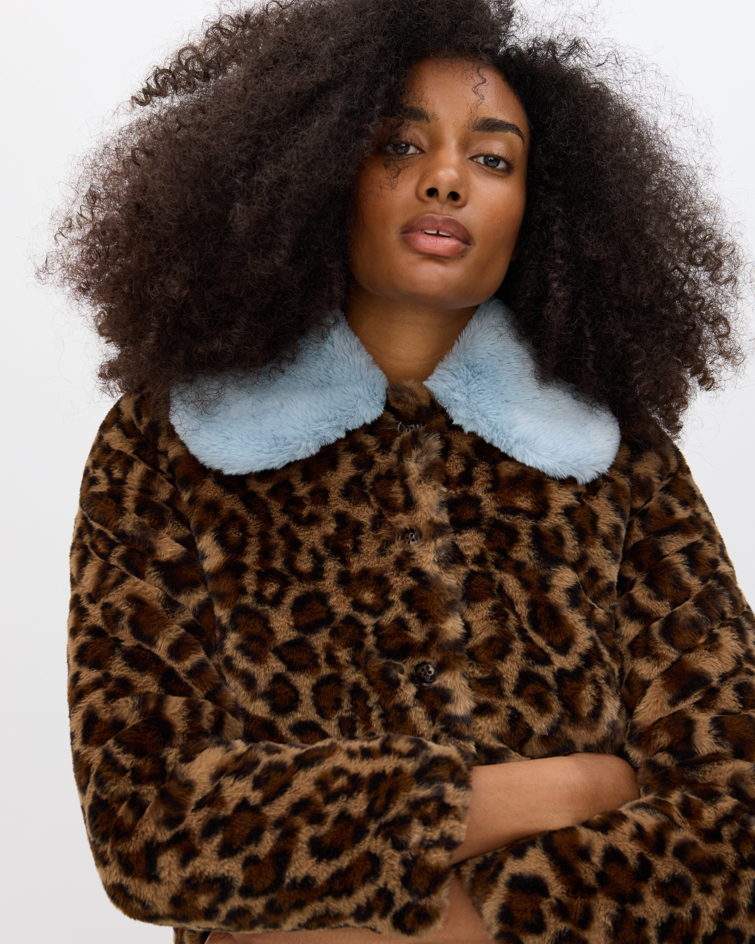 Brown Leopard Print Contrast Collar Faux Fur Coat, size 12 | Oliver Bonas (Global)