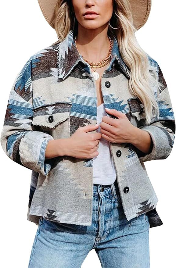 PEHMEA Women's Vintage Aztec Print Shacket Wool Blend Button Down Long Sleeve Shirt Jacket | Amazon (US)