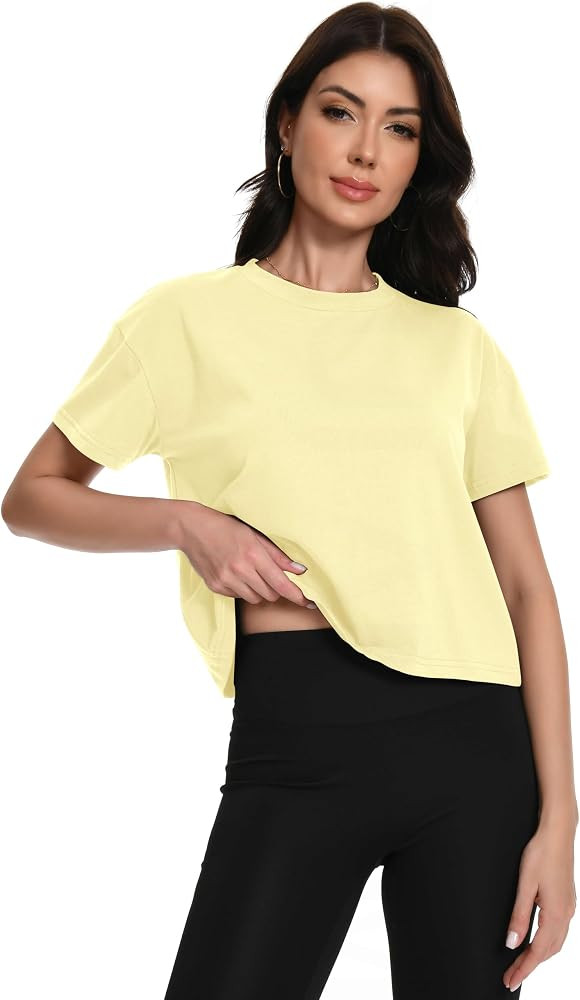 Womens Crew Neck Crop Top Casual Cotton Short Sleeve T-Shirts Summer Clothes Trendy Comfy Soft Te... | Amazon (US)