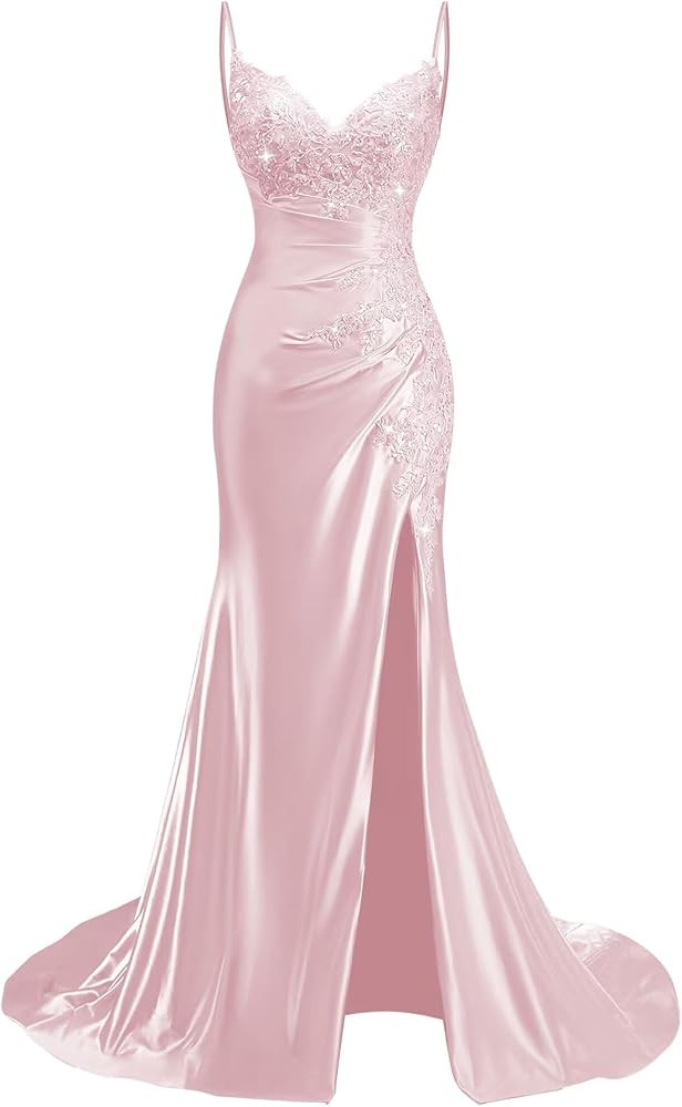 Lace Applique Satin Prom Dresses for Women 2026 Mermaid V Neck Ruched Spaghetti Strap Formal Even... | Amazon (US)