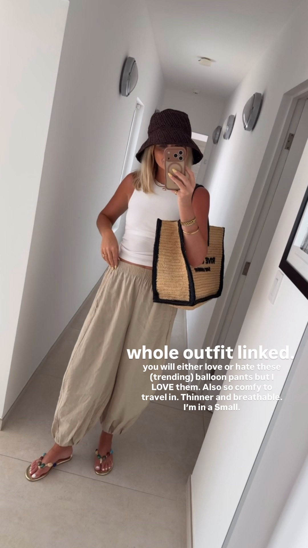 Small Abercrombie bra free high neck tank - GRAB!!!!! 
Zara balloon pants - in a Small 
$40 knit beach travel vacay bucket hat from Zara 
Jeweled sandals I’ve already worn 10 times this spring 

#LTKootd #LTKTravel