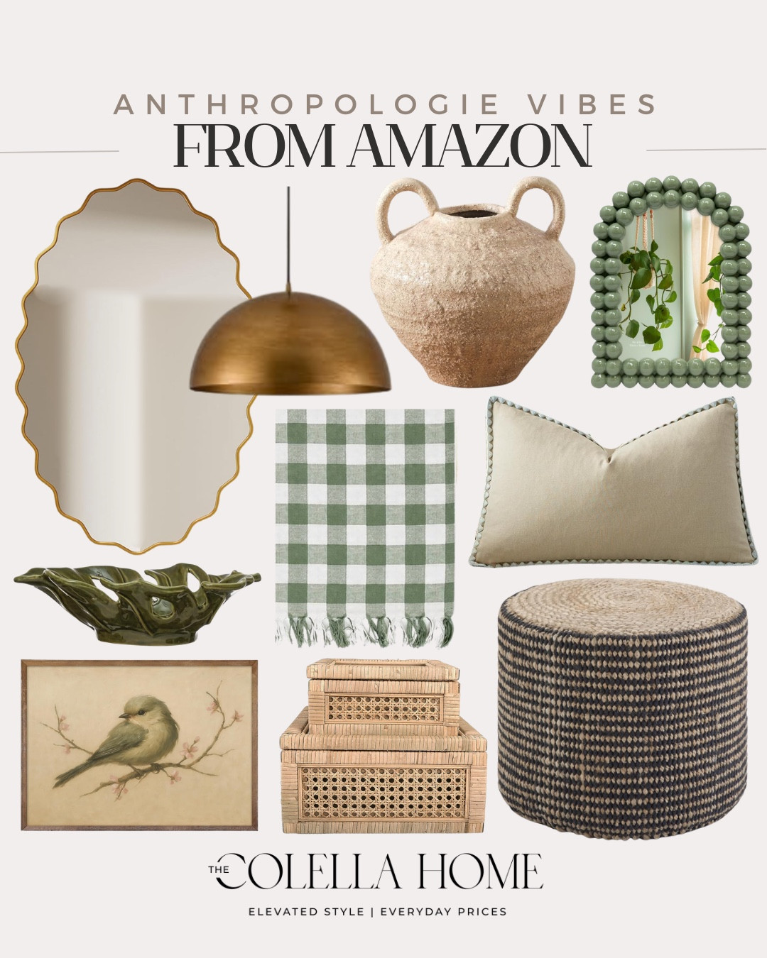Anthropologie looks from Amazon includes ottoman, throw pillows perfect, frame, vase, throw blanket, decorative boxes, wall art, mirror, decorative bowl, light fixture.

Home decor, designer looks for less, home accents 

#LTKSeasonal #LTKHome #LTKvlog