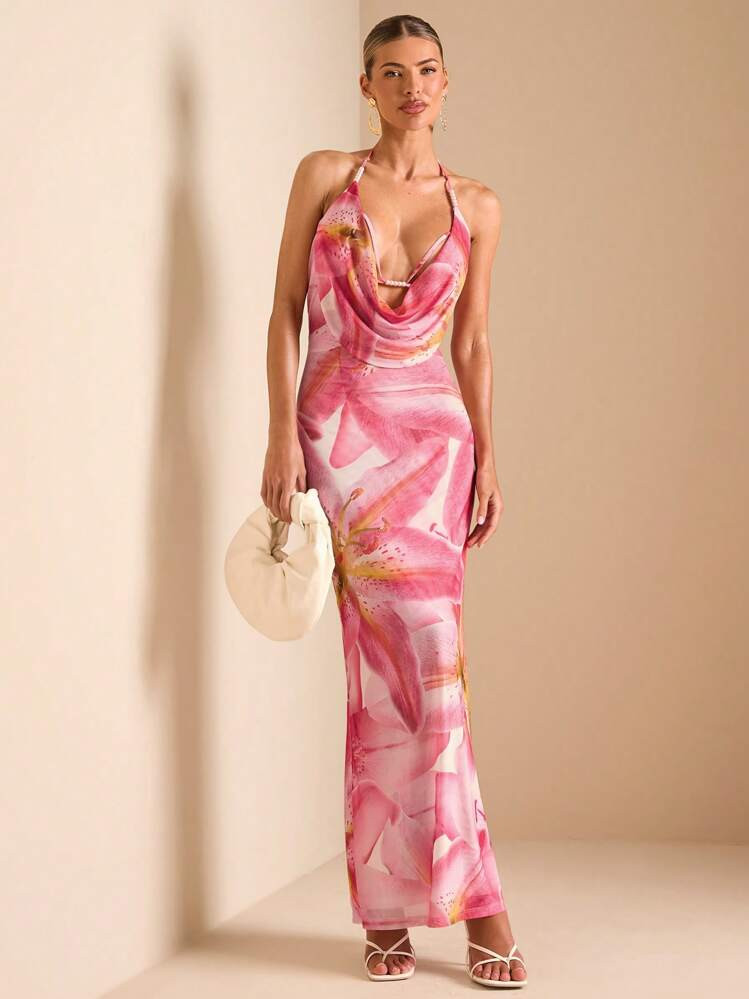 SHEIN BAE Women's Backless Slash Neck Sleeveless Vacation Floral Print Dress For Summer/Vacation Outfits Women/Dresses For Women Summer/Summer Dress/Easter Dress Women/Summer Dresses For Women/Beach Outfits For Woman,Valentine's Day,Valentine Outfits For Women | SHEIN