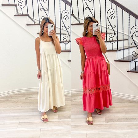 1st maxi dress in small tts, color is Beige; wearing fav strapless bra and linked.
2nd maxi dress in small tts(color is watermelon), wearing regular bra.
Sandals fit tts.
Amazon finds, petite-friendly, bump-friendly, straw bags, vacation outfits, summer outfits, cruise, Europe travel

#LTKtravel #LTKunder50 #LTKFind