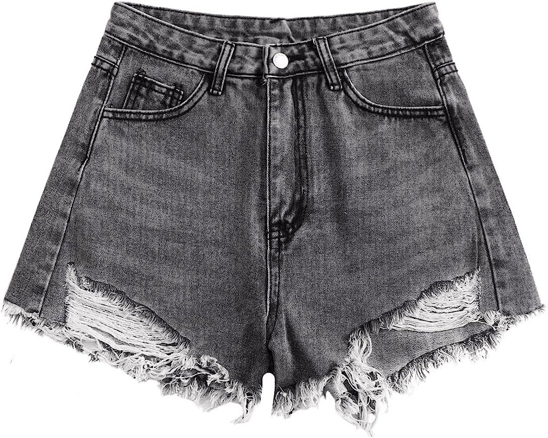 SweatyRocks Women's High Waist Denim Shorts Ripped Raw Hem Jean Shorts Casual Summer Hot Pants wi... | Amazon (US)