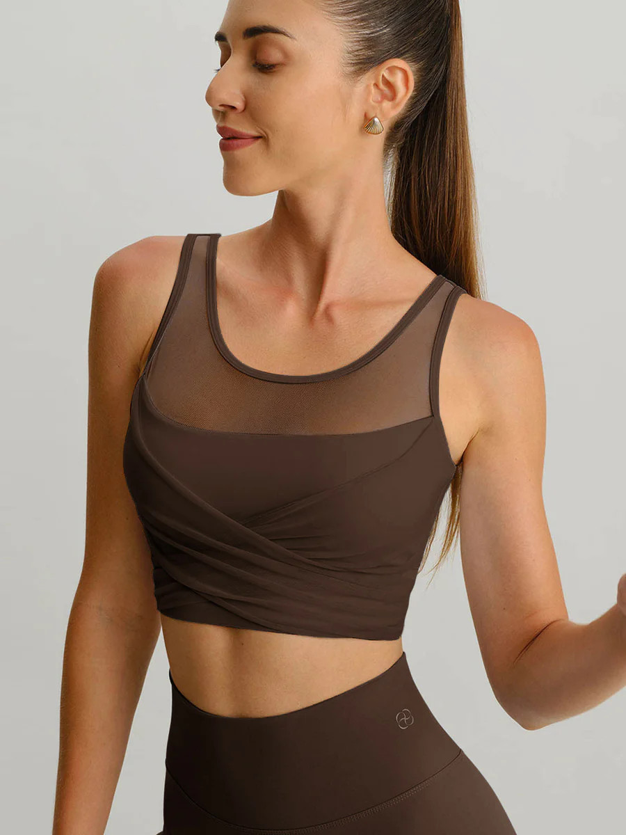 Coffee Mesh Cross-Front Tank Top - Light Support & Reviews - Coffee - Sustainable Yoga Tops | BER... | BERLOOK