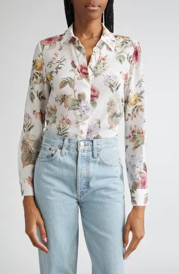 Alice + Olivia Willa Floral Silk Button-Up Shirt in Sweet Nothings at Nordstrom Rack, Size X-Small | Nordstrom Rack