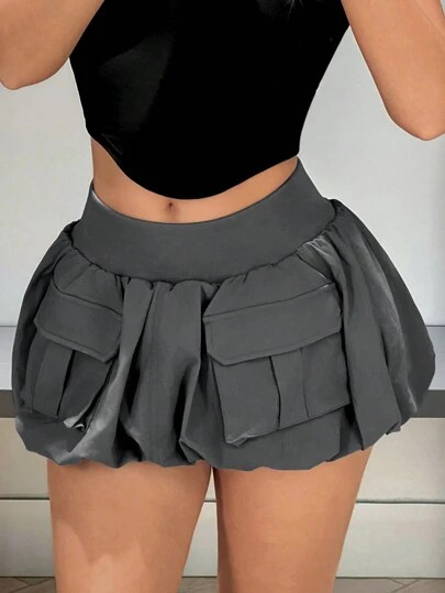 SHEIN ICON Ultra-Low Waist Cargo With 3D Pockets And Bubble Hem Bronze Metal Zipper Decoration Sk... | SHEIN