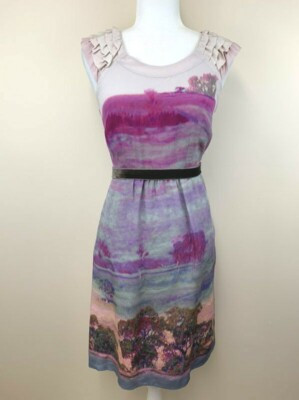 Moulinette Soeurs 0 Violet Gloaming Silk Sunset Tree Dress Ruffle Sleeve | eBay US