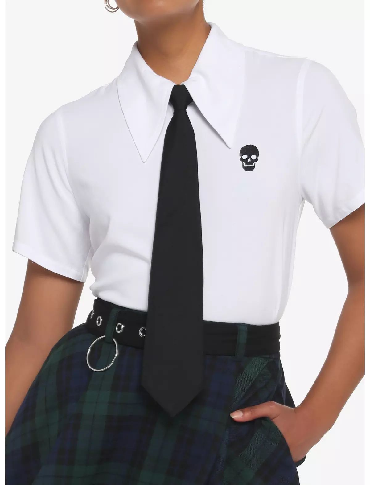 Black Skull Girls Woven Button-Up Top With Clip-On Tie | Hot Topic