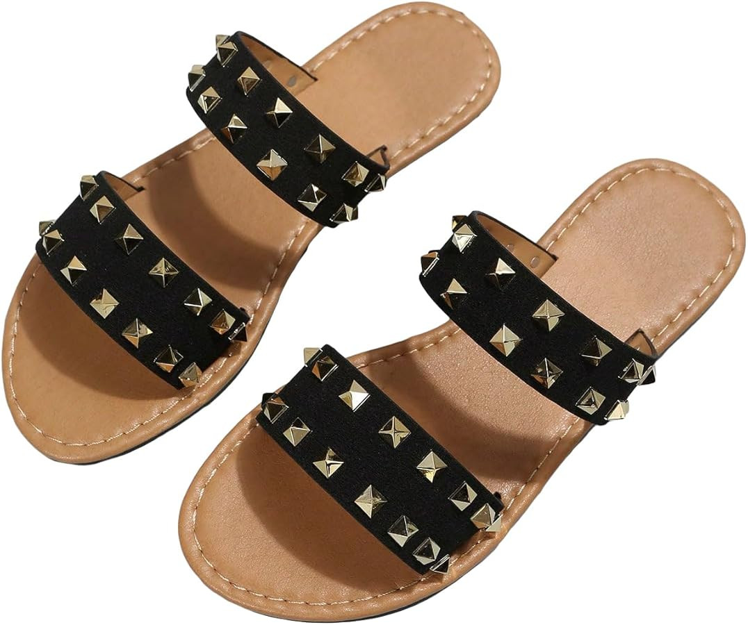 Verdusa Women's Studded Two Band Flat Sandals Summer Slide Sandals Beach Shoes | Amazon (US)