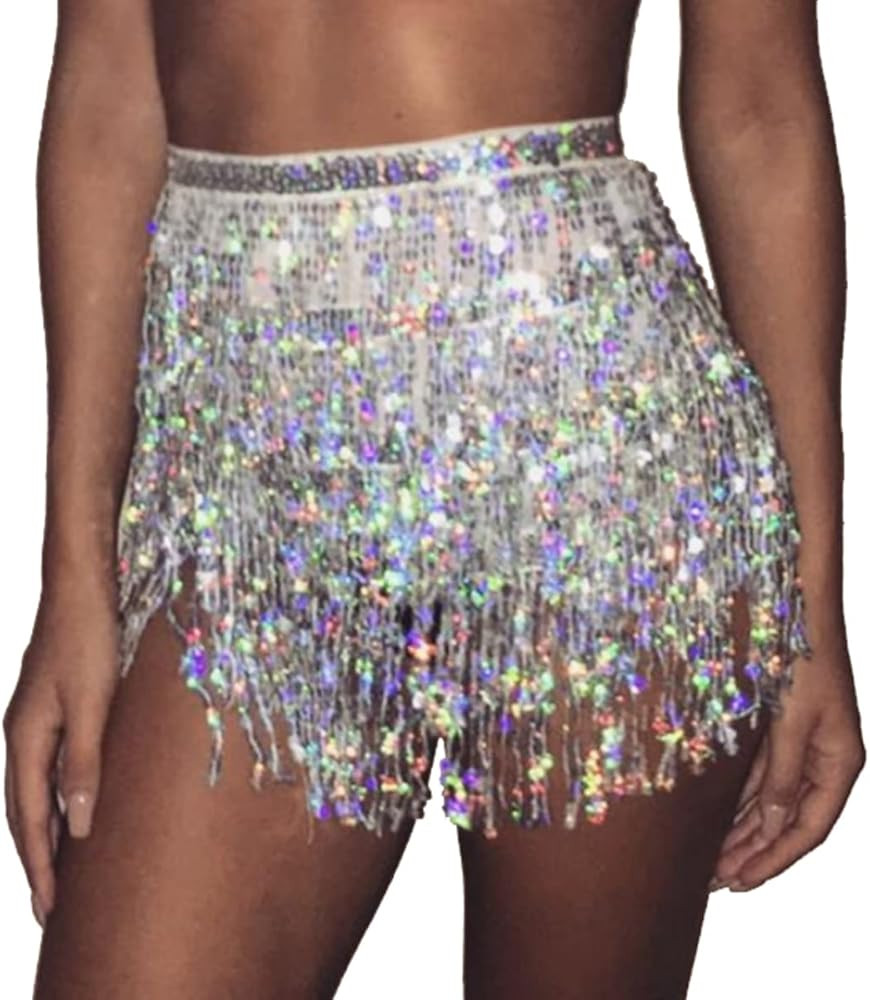 Women's Sequin Tassel Skirts Rave Fringe Hip Scarf for Festival | Amazon (US)