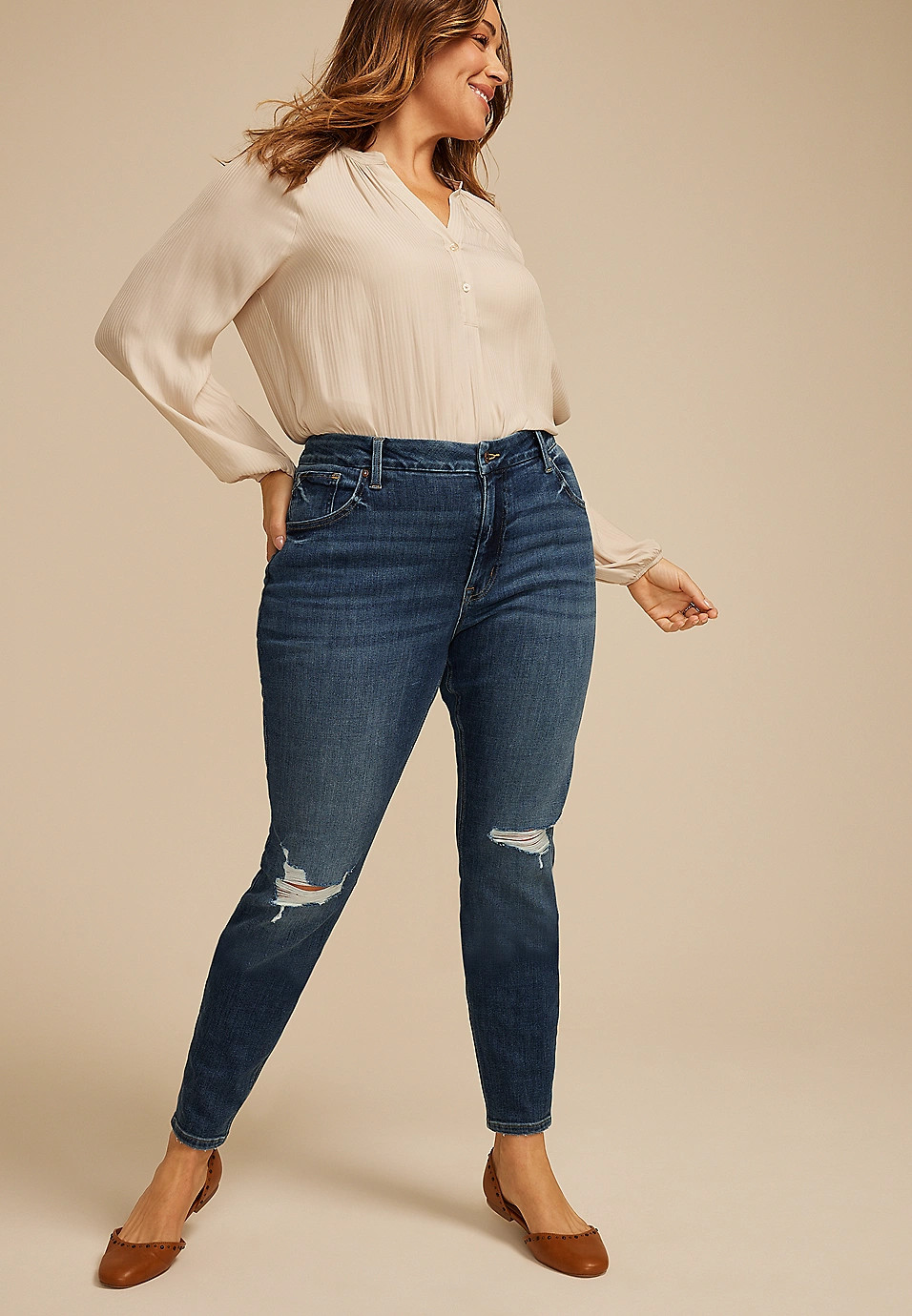 Plus Size edgely™ Dark High Rise Ripped Cheeky Super Skinny Jean | Maurices