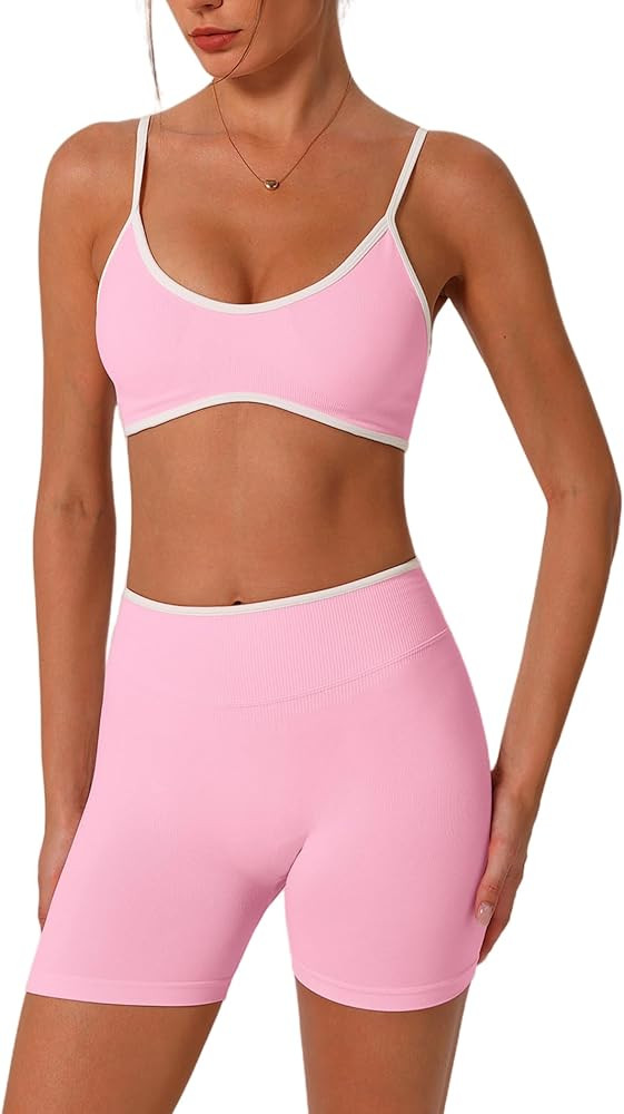 ABOCIW Workout Sets for Women Color Block Sports Bra Hidden Scrunch High Waist Biker Shorts 2 Pie... | Amazon (US)
