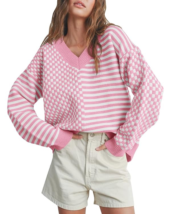Saodimallsu Womens Checkered Striped Sweater V Neck Long Sleeve 2024 Fall Trendy Loose Knit Cozy ... | Amazon (US)