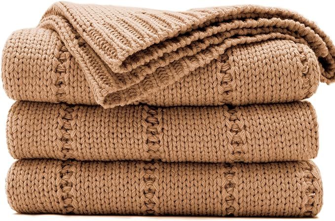 RECYCO Cable Knit Light Brown Throw Blanket for Couch, Super Soft Warm Cozy Decorative Knitted Th... | Amazon (US)