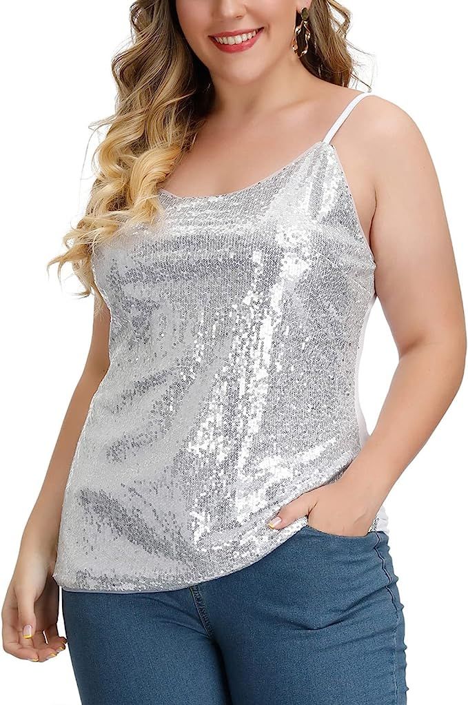 Hanna Nikole Women's Plus Size Sequin Tops Glitter Shimmer Sparkle Sleeveless Cami Tank | Amazon (US)