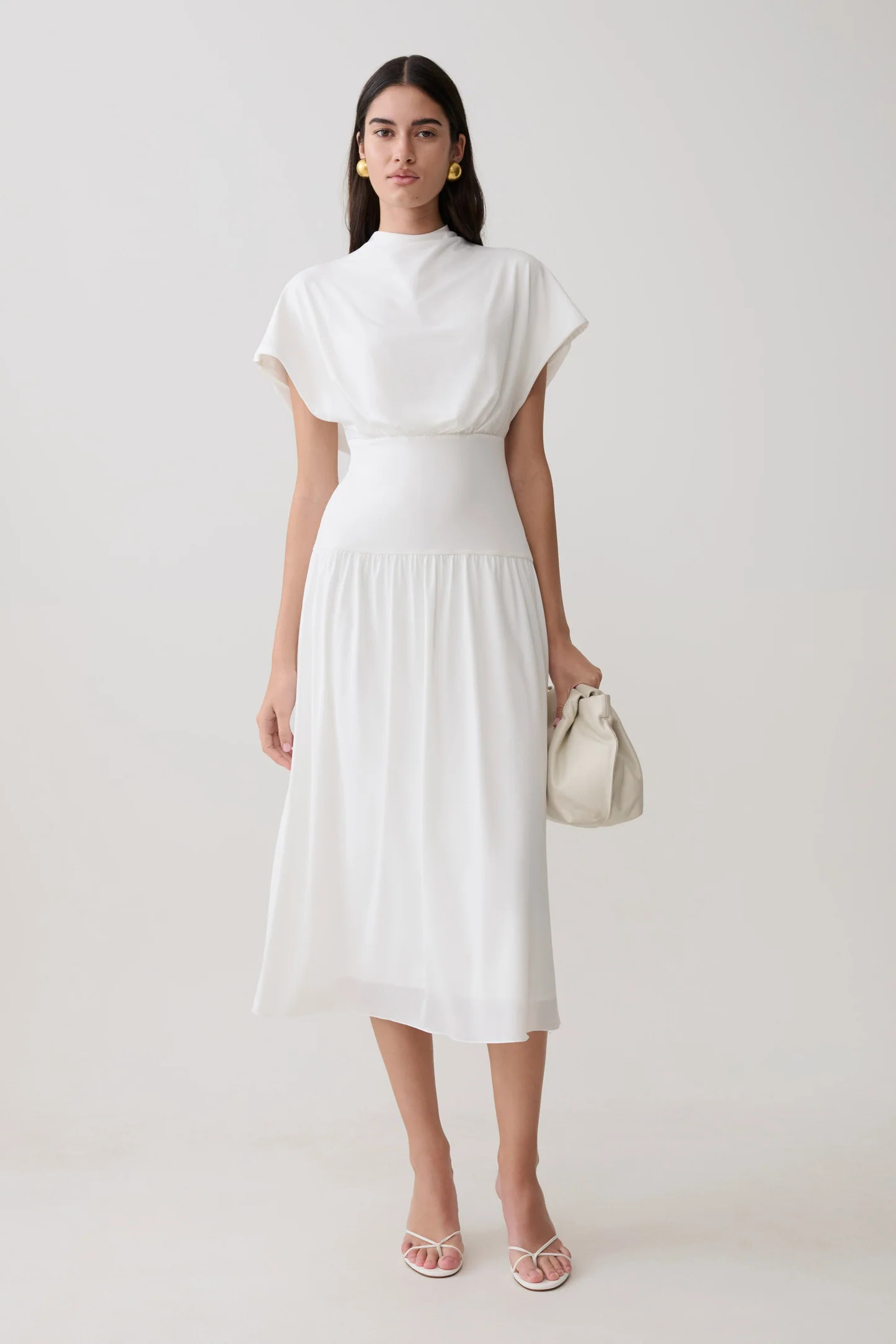 Ailla High Neck Cowl Midi Dress - White | MESHKI US