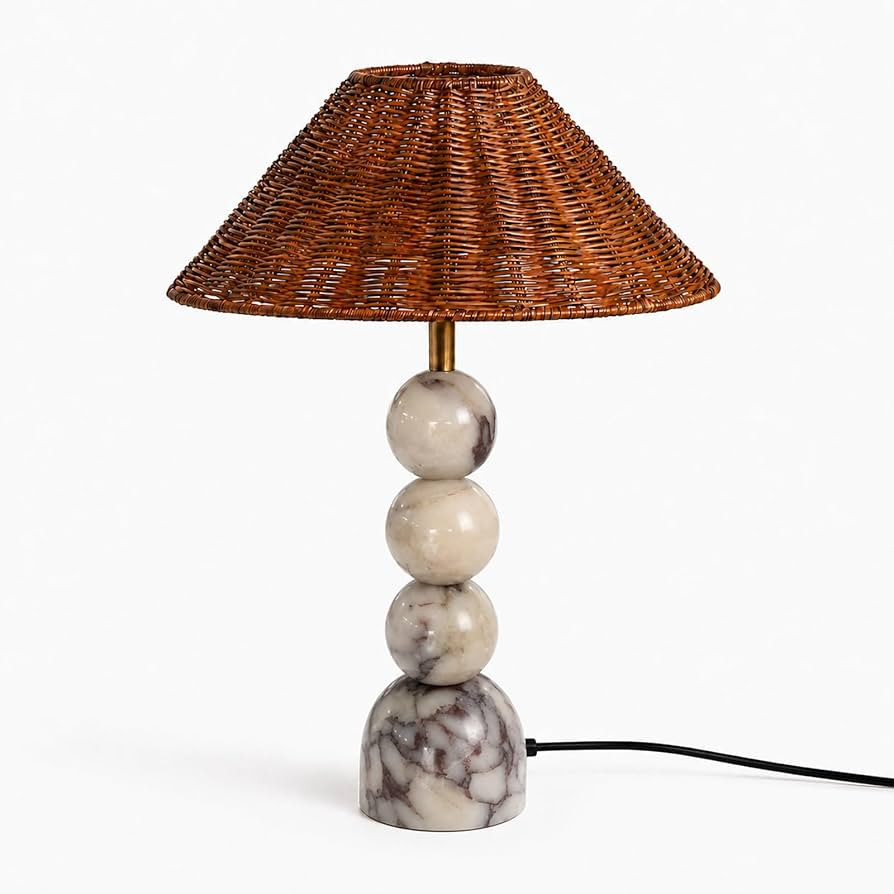 Calacatta Marble Table Lamp with Hand-Woven Rattan Shade, Vintage Stone Lamp with 3 Color Tempera... | Amazon (US)