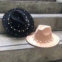 Fedora Hat, Wide Brim Wool Flat Fedora With Pearls, For Women, Stylish Panama Hat | Etsy (US)