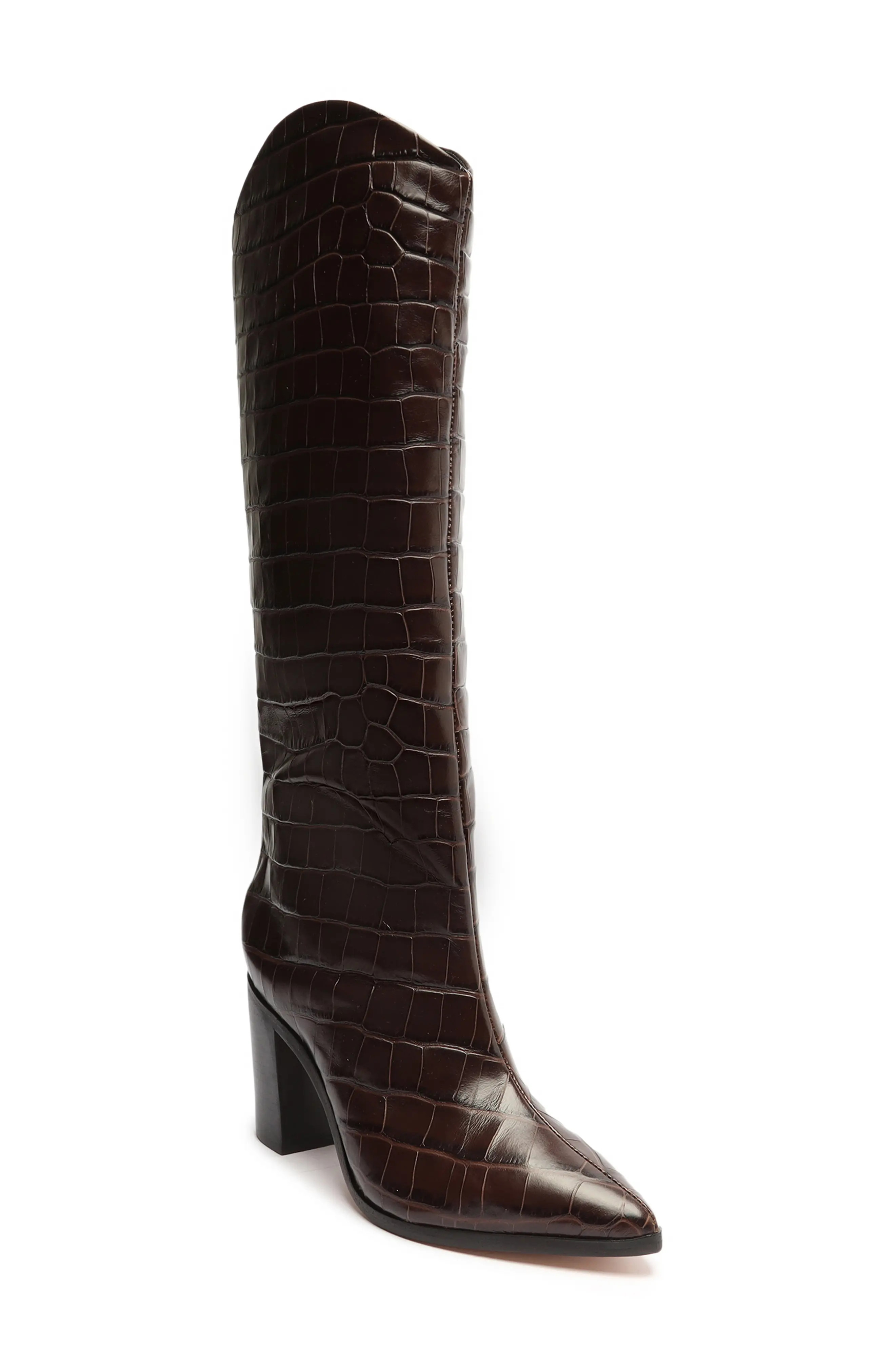 Schutz Maryana Pointed Toe Block Heel Knee High Boot in Dark Chocolate Croco at Nordstrom, Size 8.5 | Nordstrom