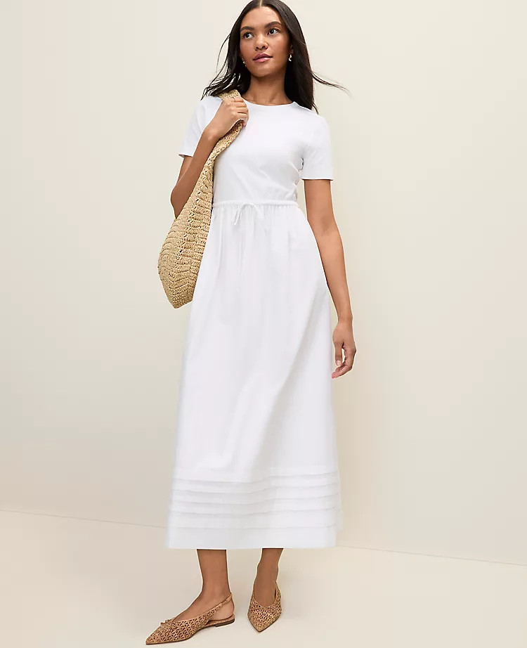 Weekend Mixed Media Crew Neck Midi Dress | Ann Taylor
